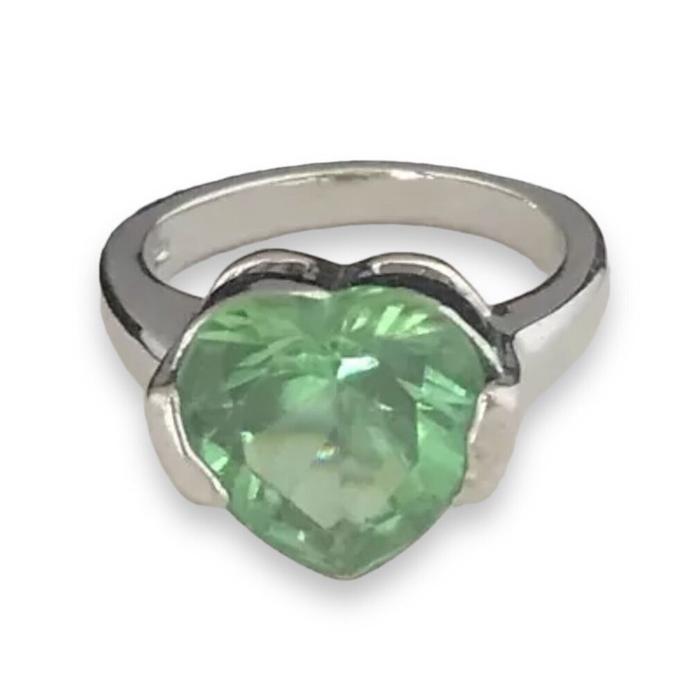 New Heart Ring Silver Tone Green Crystal Statement - 4N